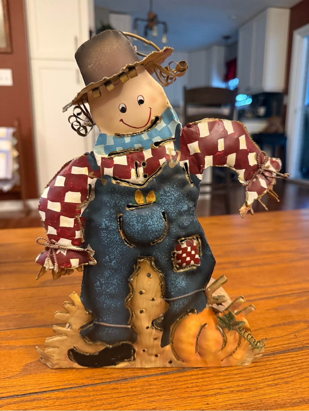 Source Unknown Blue Overalls Red-White Check Scarecrow Figurine